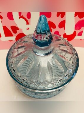 Candy dish by Indiana glass in ice blue color, diamond point pattern.